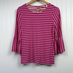 CHICOS Women's Top 3/4 Flare Sleeve Keyhole Striped Pink Blouse Sz 0 / Small